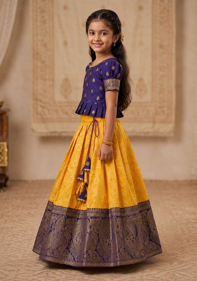 Blue And Yellow Jacquard Silk Lehenga For Girls - Indya