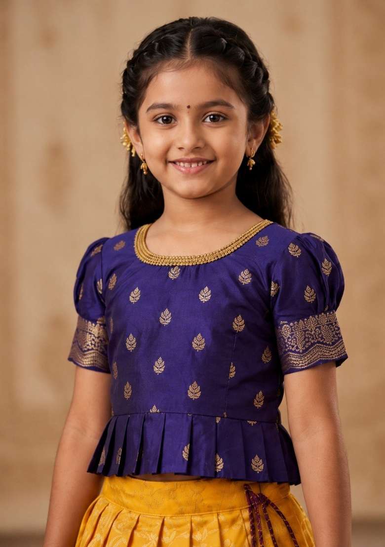 Blue And Yellow Jacquard Silk Lehenga For Girls - Indya