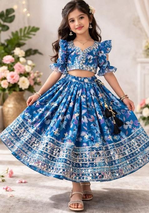 Blue Sequin Work Georgette Lehenga Set For Girls