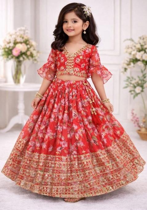 Red Sequin Work Georgette Lehenga Set For Girls