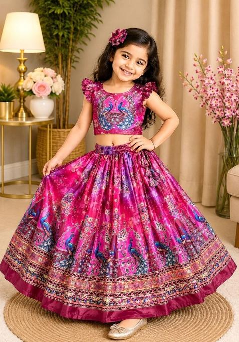Rani Pink Printed Silk Lehenga Set For Girls