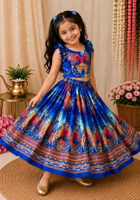 Blue Printed Silk Lehenga Set For Girls