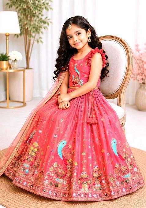 Coral Pink Embroidery Net Lehenga Set For Girls