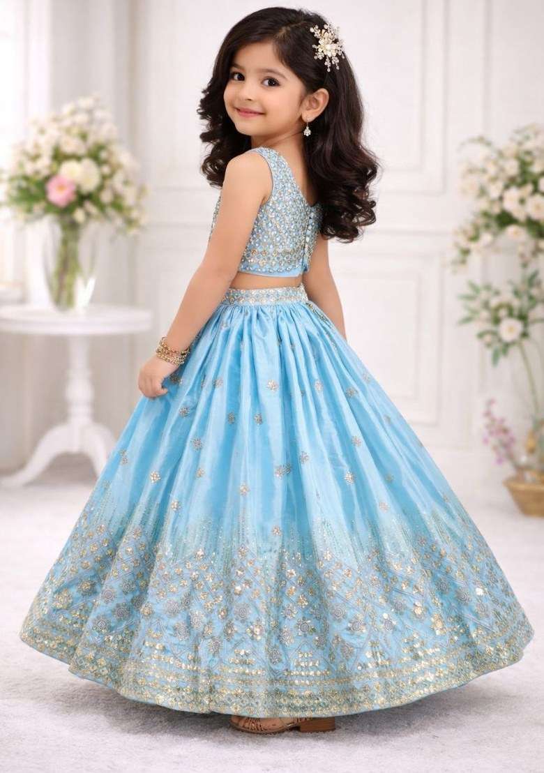 Sky Blue Embroidery Chinon Lehenga Set For Girls - Indya