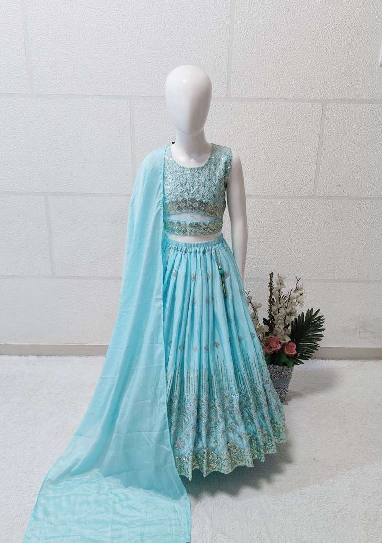 Sky Blue Embroidery Chinon Lehenga Set For Girls - Indya