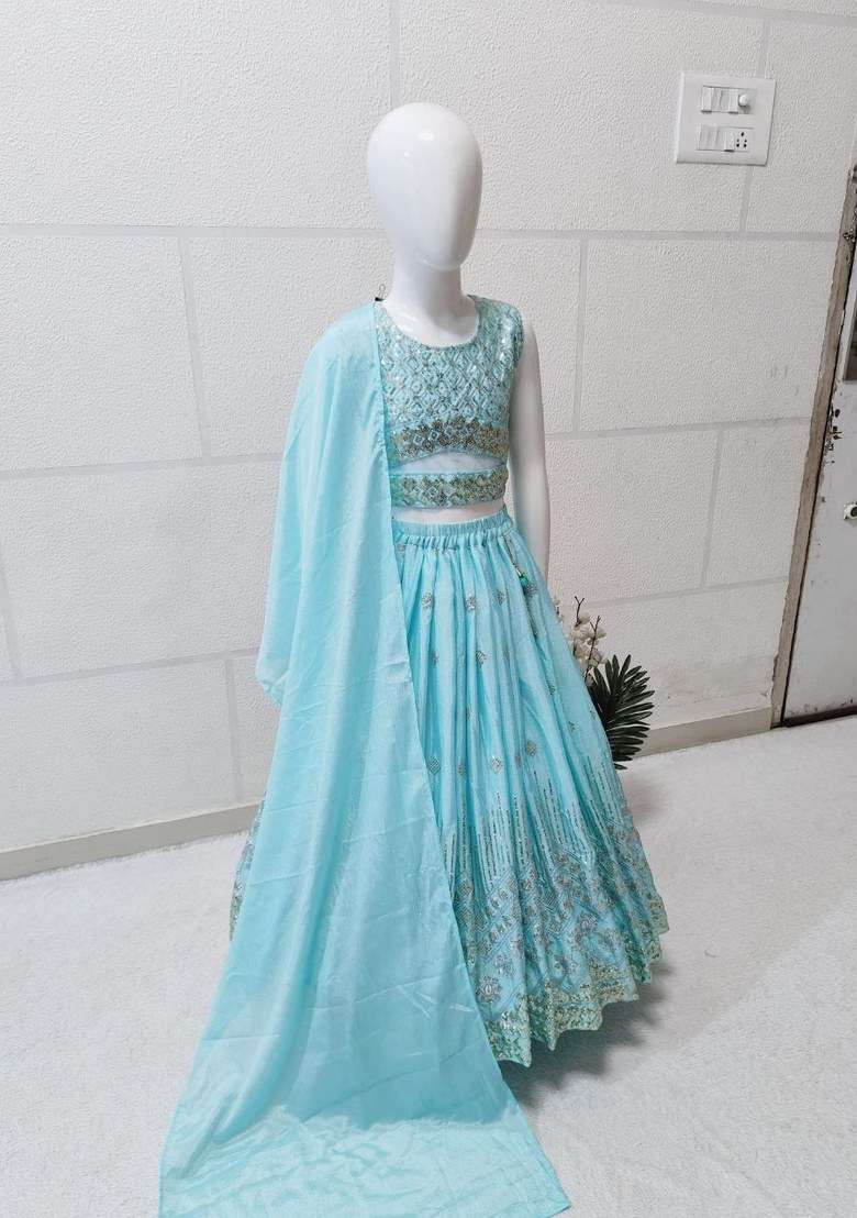 Sky Blue Embroidery Chinon Lehenga Set For Girls - Indya