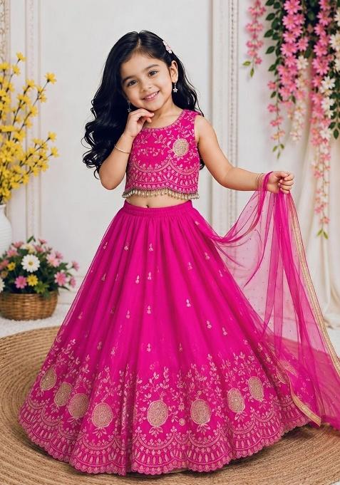 Rani Pink Embroidery Net Lehenga Set For Girls