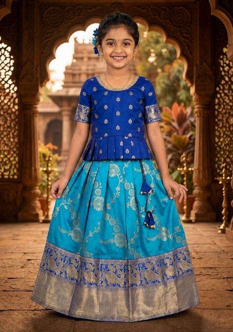 Royal Blue Jacquard Silk Lehenga Set For Girls