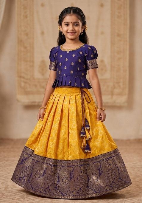 Blue And Yellow Jacquard Silk Lehenga Set For Girls
