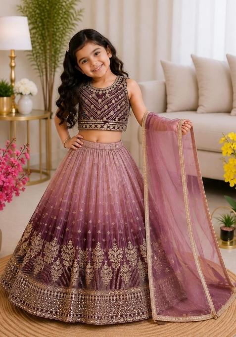 Light Mauve Pink And Wine Embroidery Chinon Lehenga Set For Girls