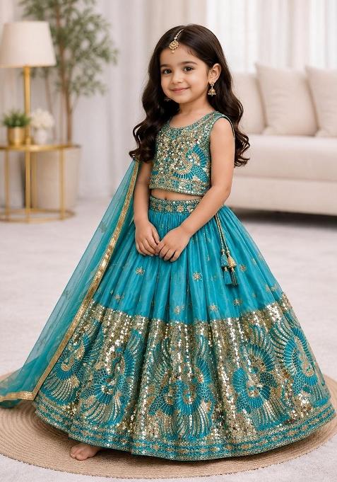 Turquoise Blue Embroidery Net Lehenga Set For Girls