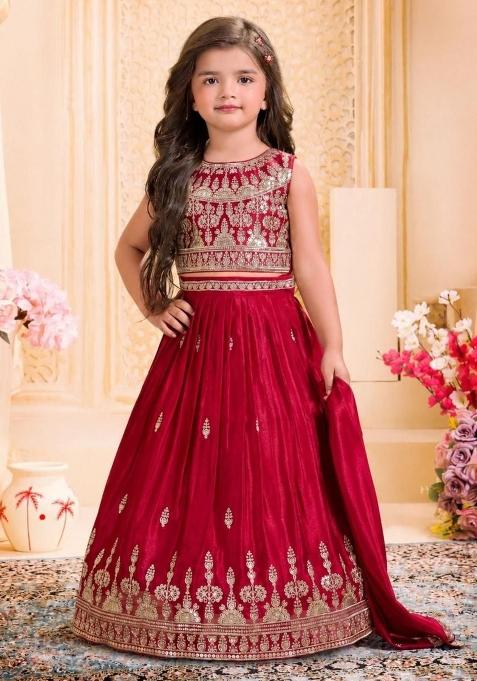 Vibrant Festive Red Embroidery Chinon Lehenga Set For Girls