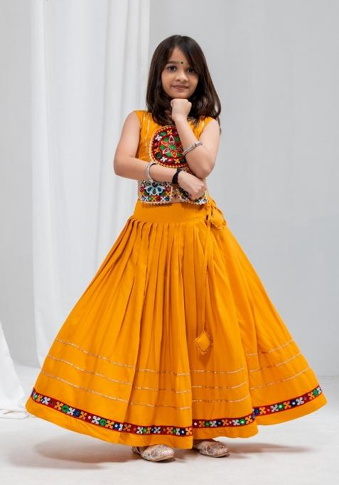 Mustard Yellow Mirror Work Cotton Navratri Lehenga Set For Girls