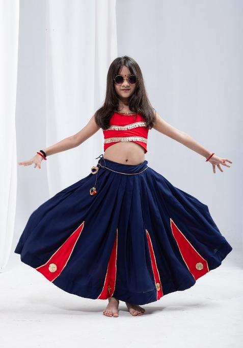 Nevy Blue And Fastive Red Gota Patti Cotton Navratri Lehenga Set For Girls