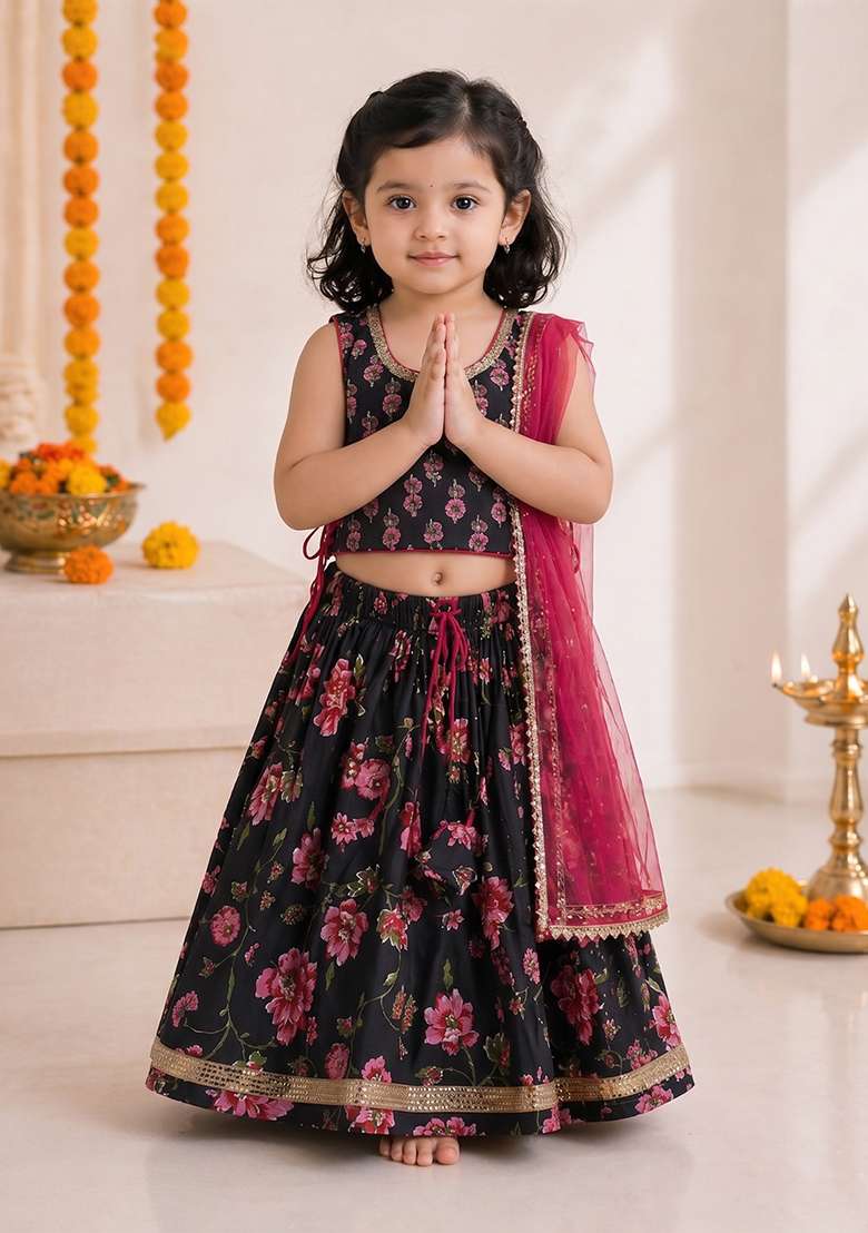 Black Cotton Lehenga Set For Girls - Indya