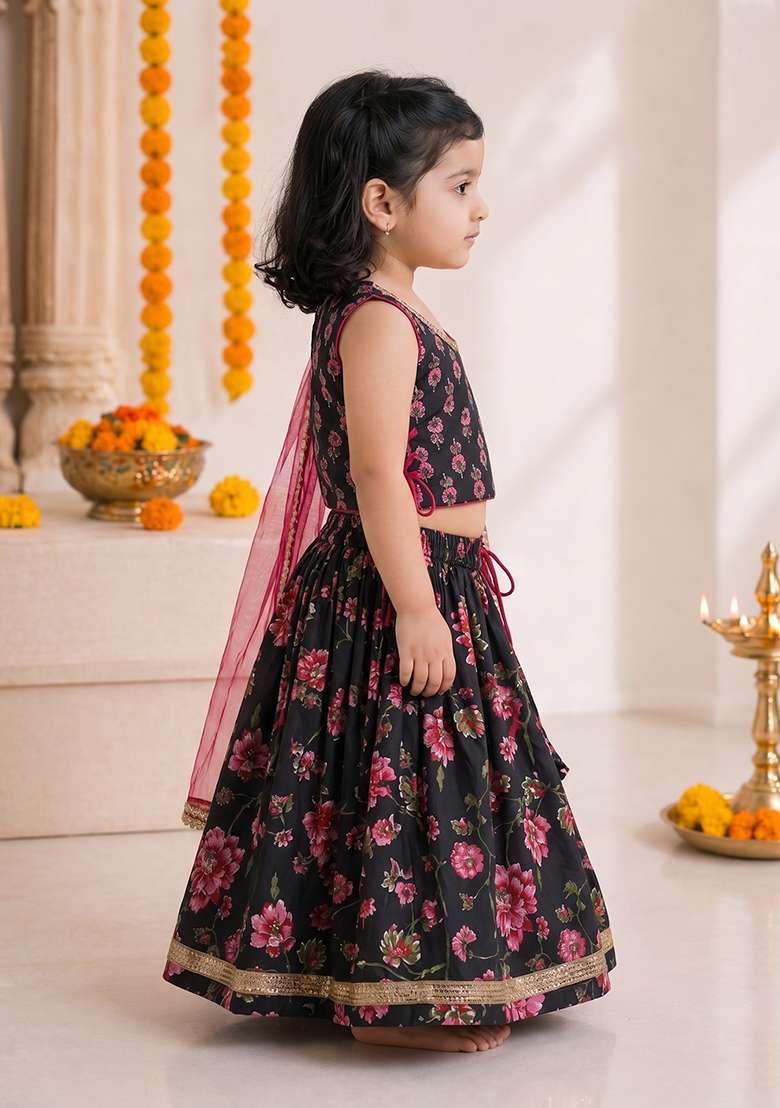 Black Cotton Lehenga Set For Girls - Indya