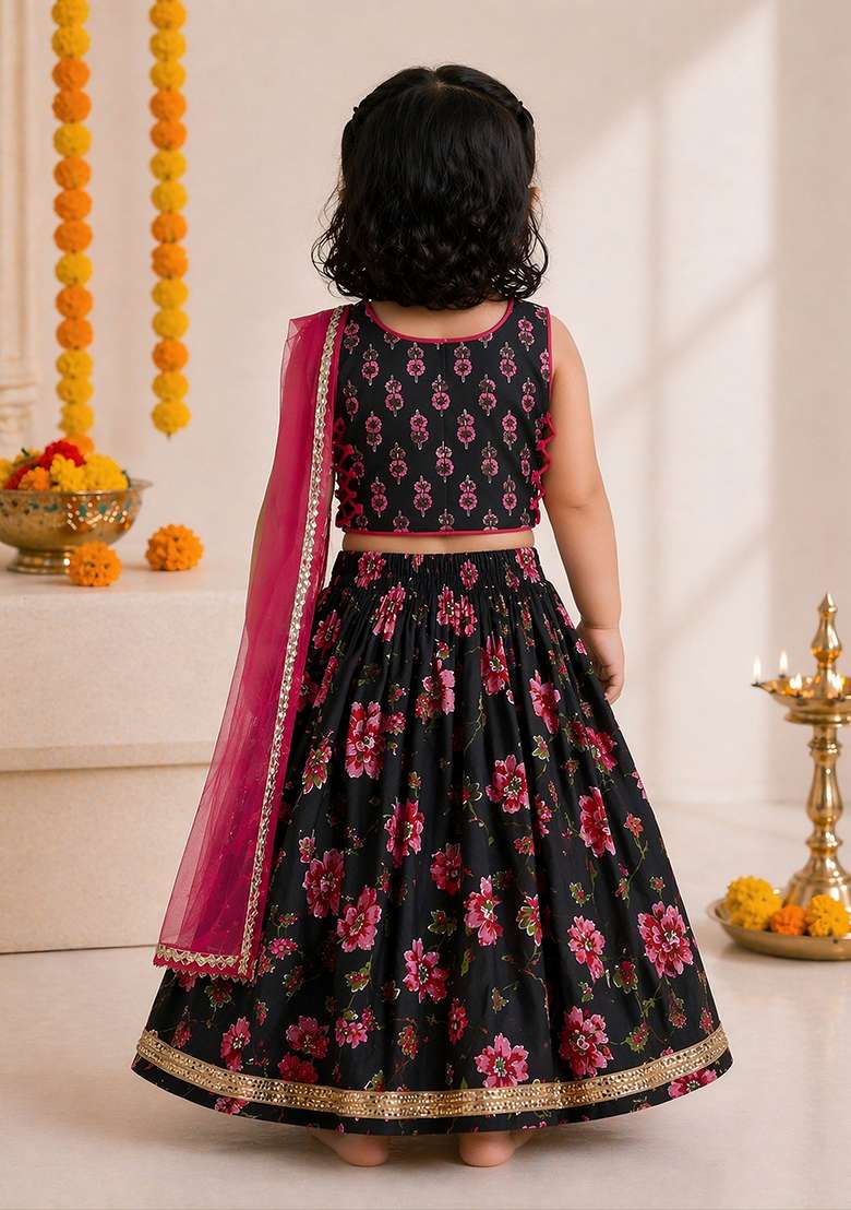 Black Cotton Lehenga Set For Girls - Indya