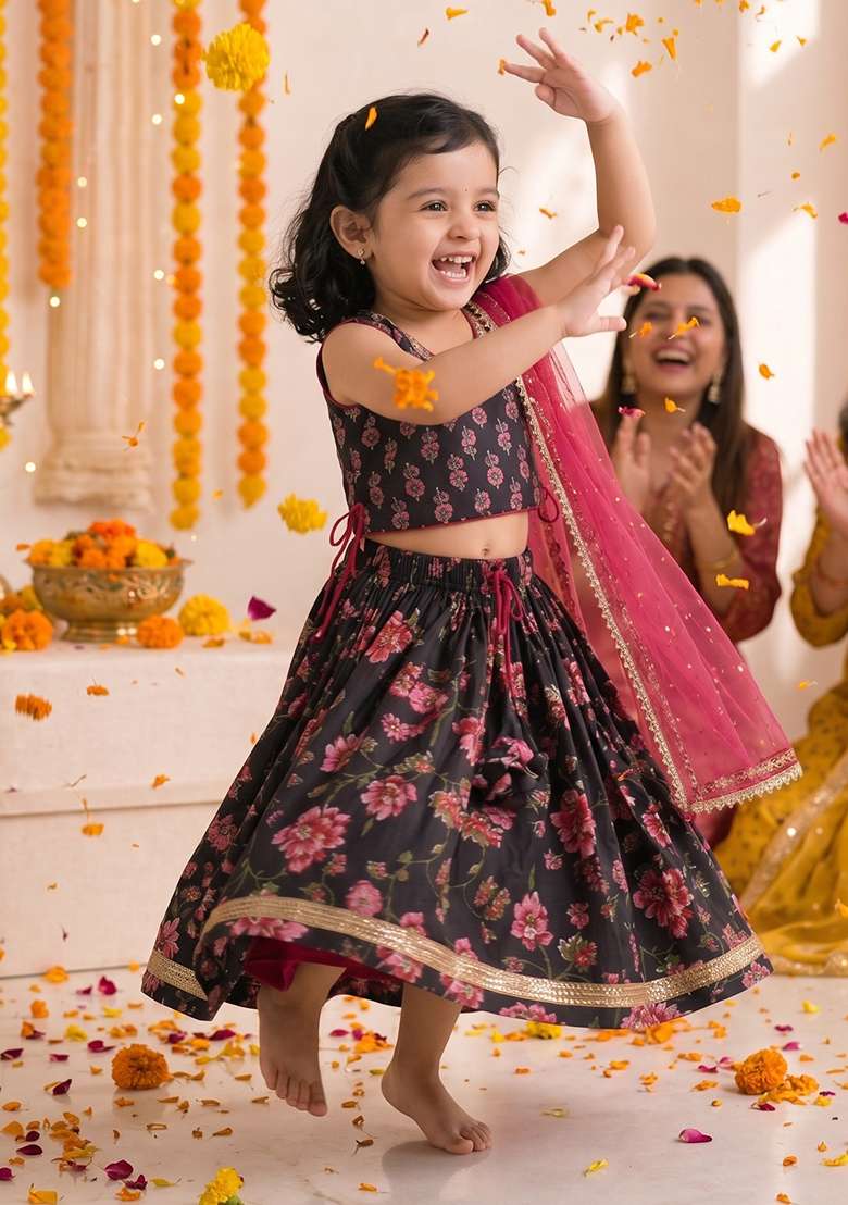 Black Cotton Lehenga Set For Girls - Indya