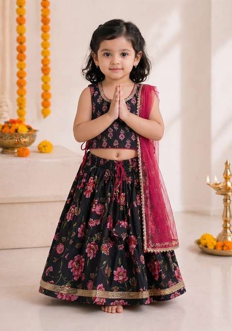 Black Cotton Lehenga Set For Girls