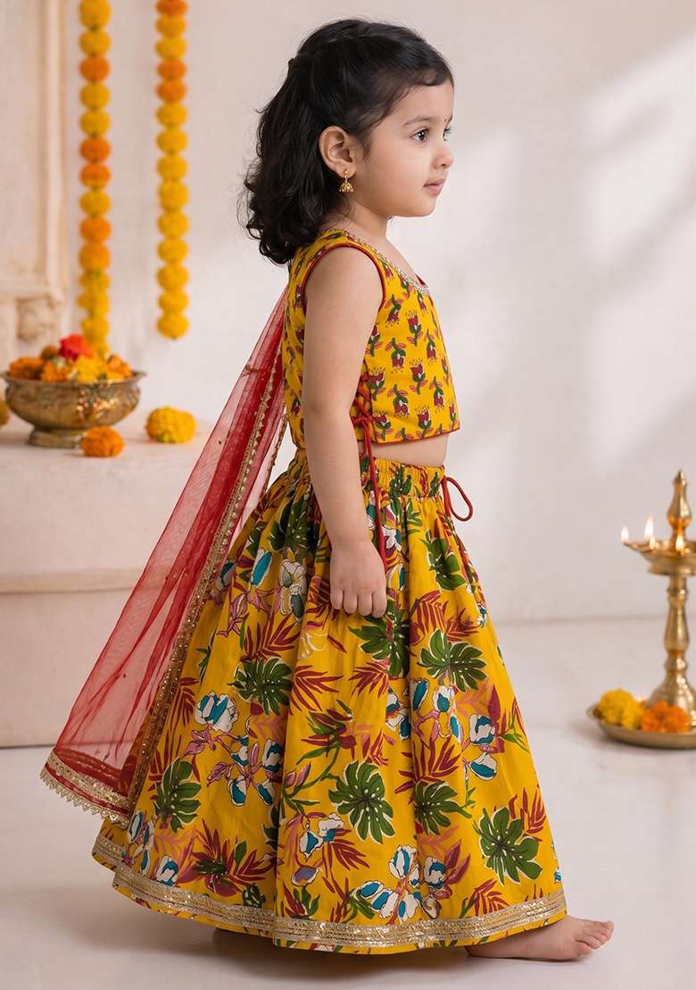 Yellow Cotton Lehenga Set For Girls - Indya