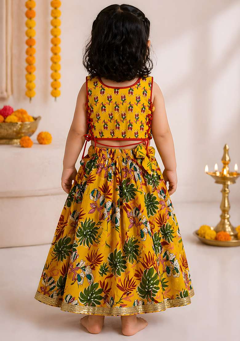 Yellow Cotton Lehenga Set For Girls - Indya