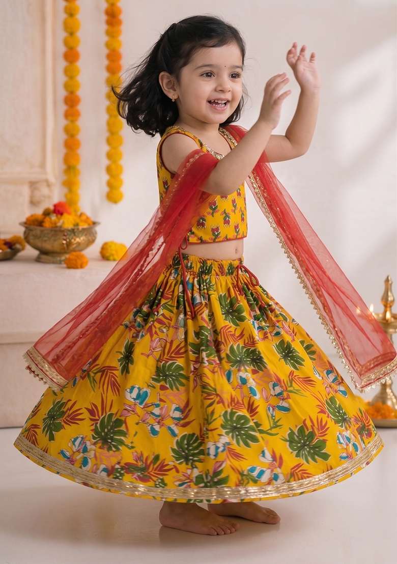 Yellow Cotton Lehenga Set For Girls - Indya