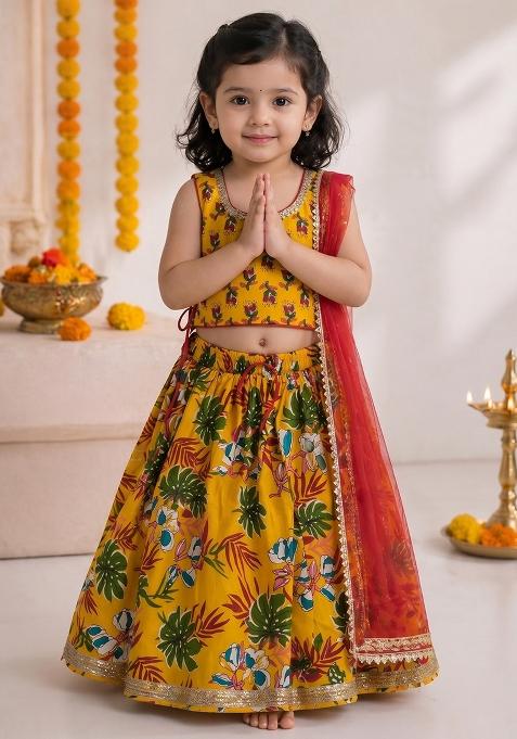 Yellow Cotton Lehenga Set For Girls