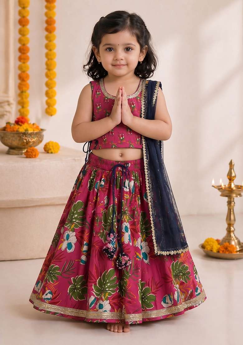Pink Cotton Lehenga Set For Girls - Indya