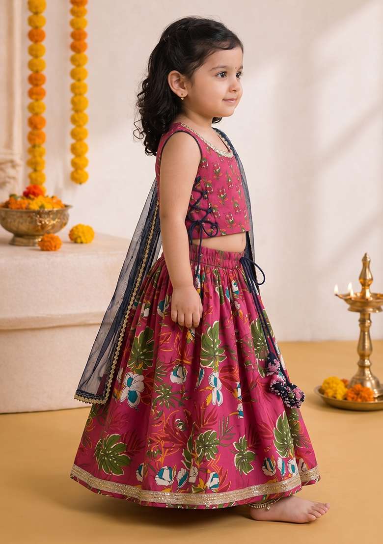Pink Cotton Lehenga Set For Girls - Indya