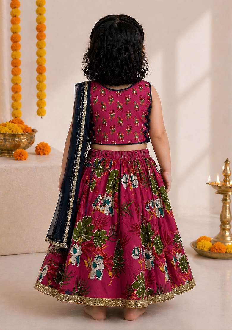 Pink Cotton Lehenga Set For Girls - Indya