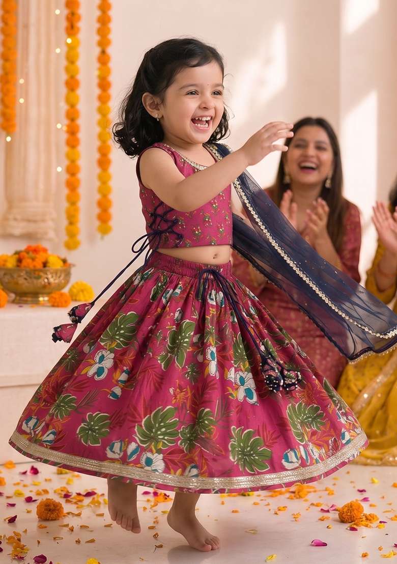 Pink Cotton Lehenga Set For Girls - Indya
