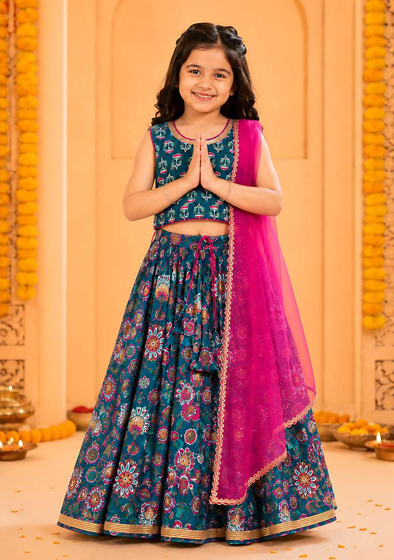 Blue Cotton Lehenga Set For Girls - Indya