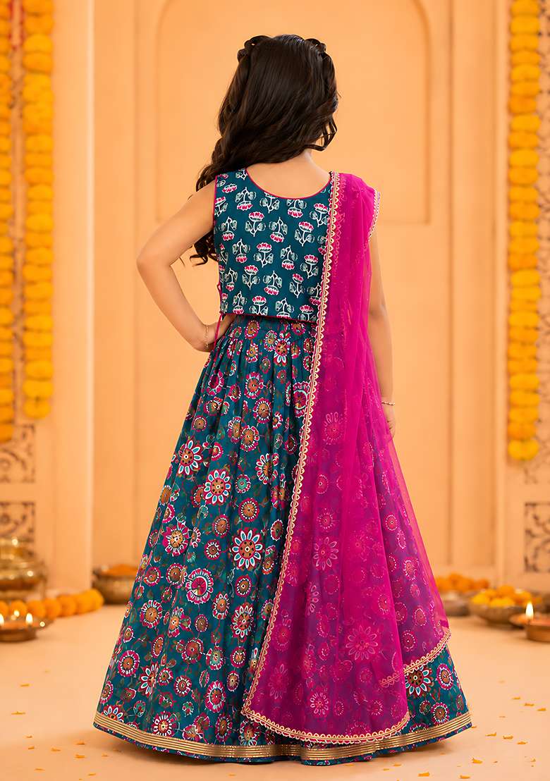 Blue Cotton Lehenga Set For Girls - Indya