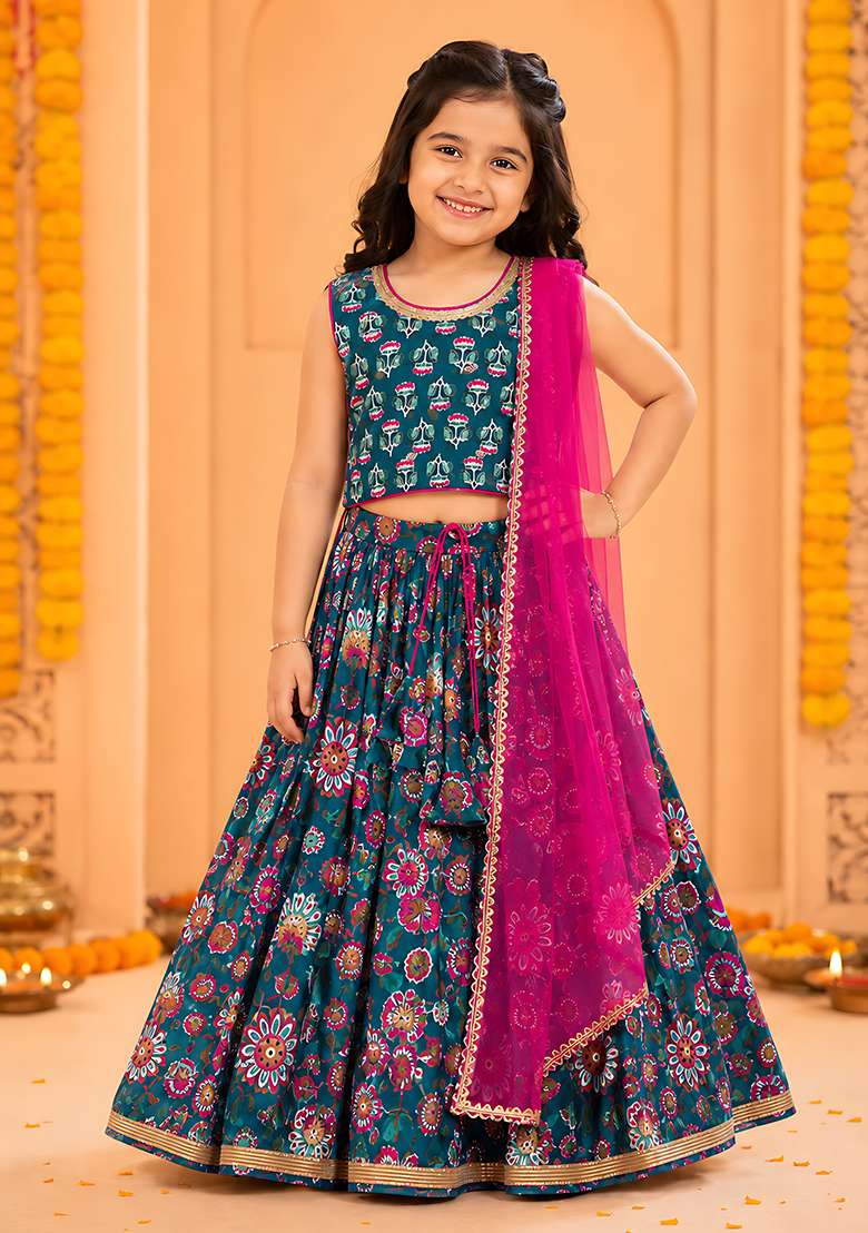 Blue Cotton Lehenga Set For Girls - Indya