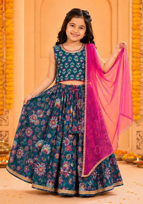 Blue Cotton Lehenga Set For Girls