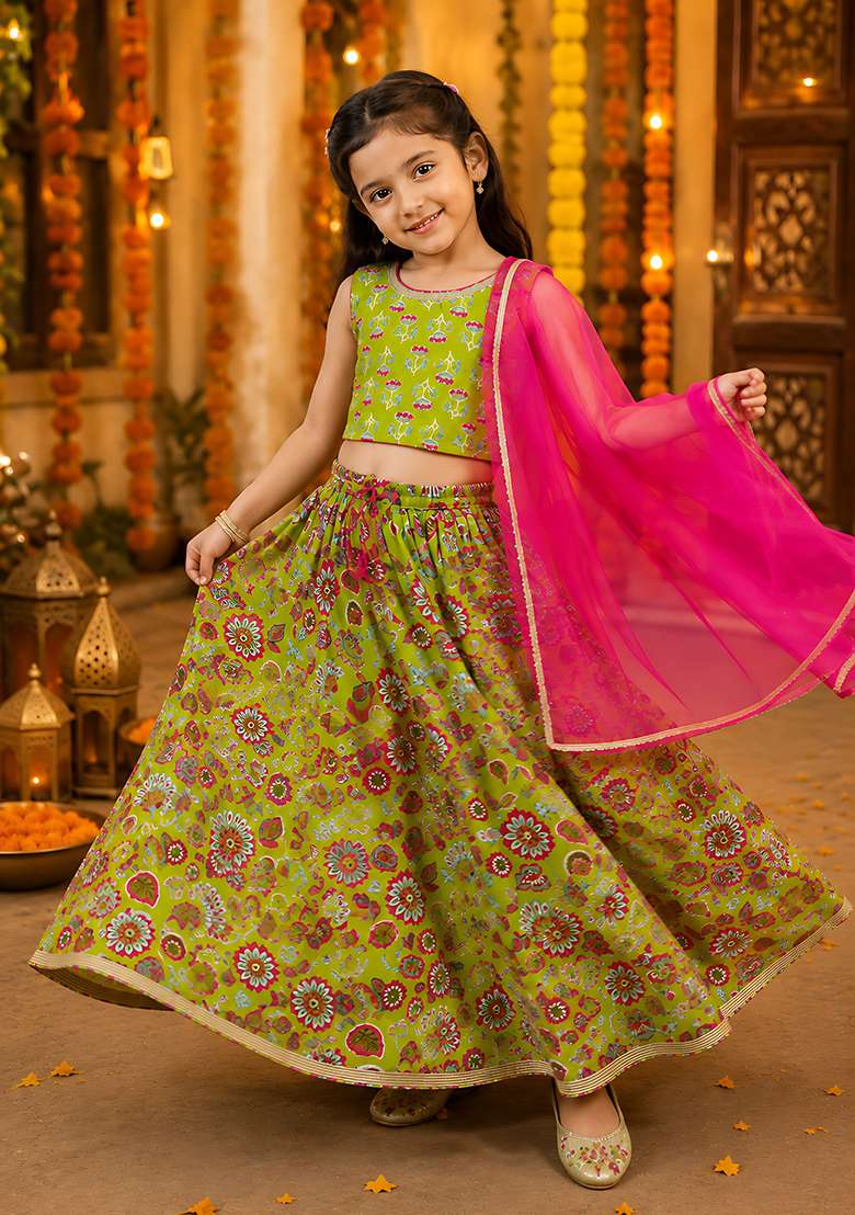 Green Cotton Lehenga Set For Girls - Indya
