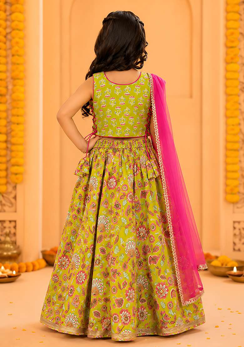 Green Cotton Lehenga Set For Girls - Indya