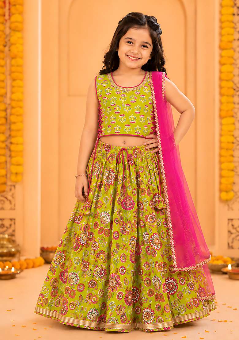 Green Cotton Lehenga Set For Girls - Indya
