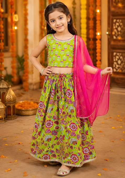 Green Cotton Lehenga Set For Girls