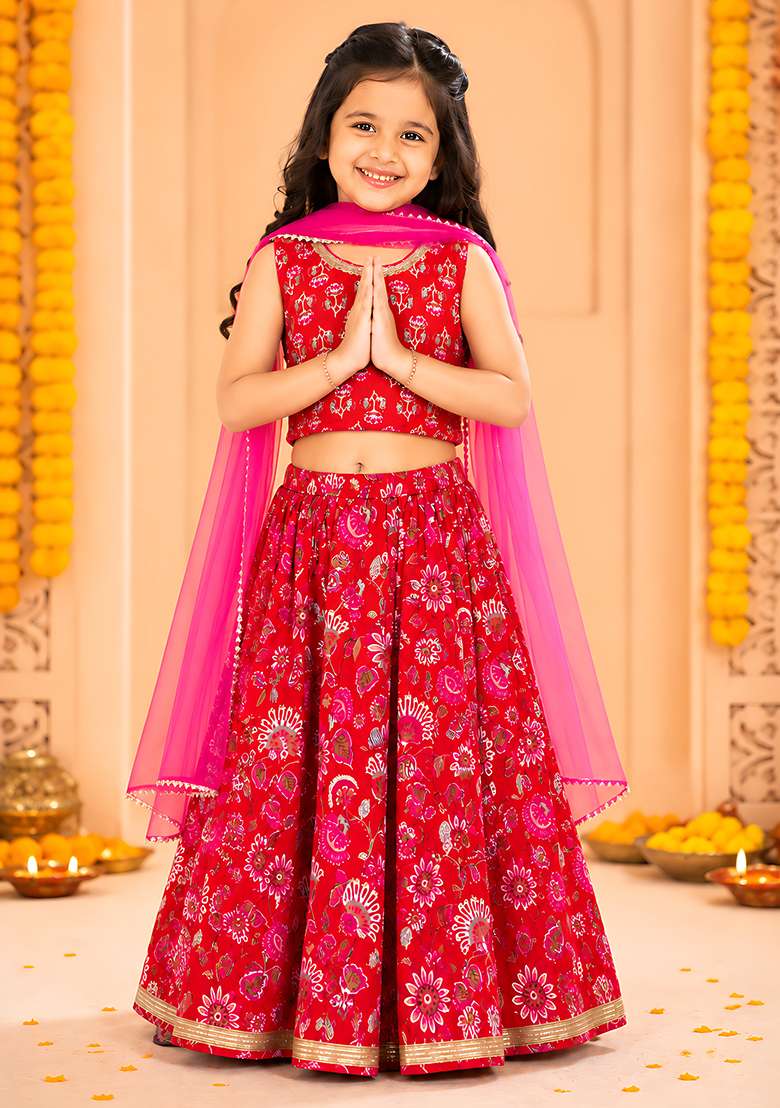 Red Cotton Lehenga Set For Girls - Indya