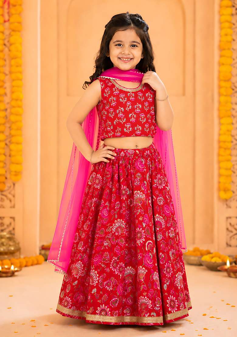 Red Cotton Lehenga Set For Girls - Indya