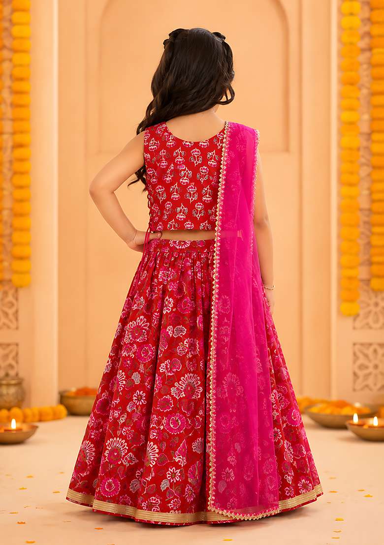 Red Cotton Lehenga Set For Girls - Indya