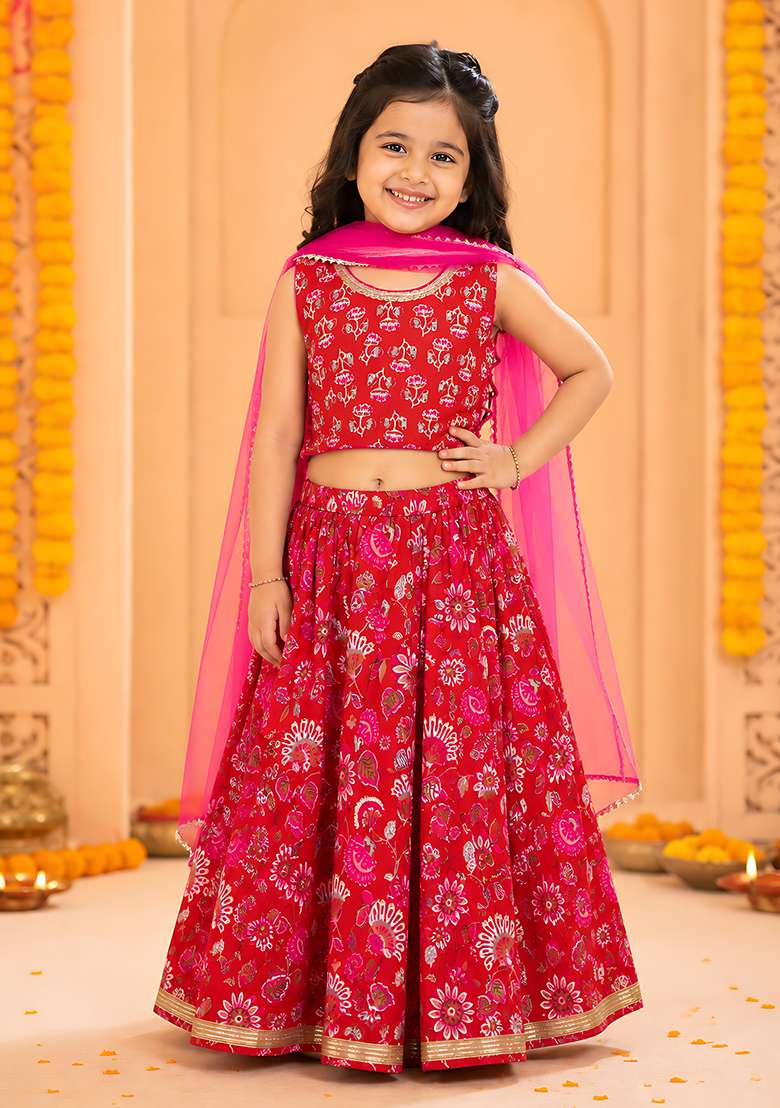 Red Cotton Lehenga Set For Girls - Indya