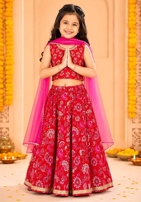 Red Cotton Lehenga Set For Girls