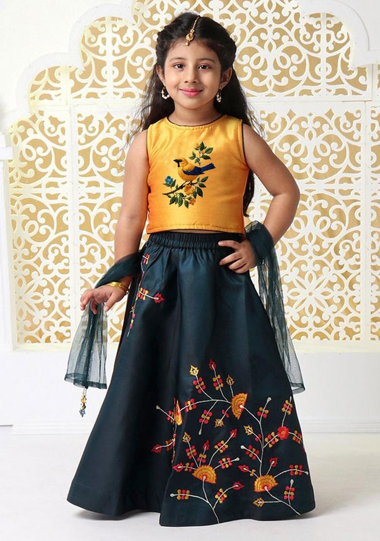 Navy Blue Embroidered Dupion Silk Lehenga Choli For Girls