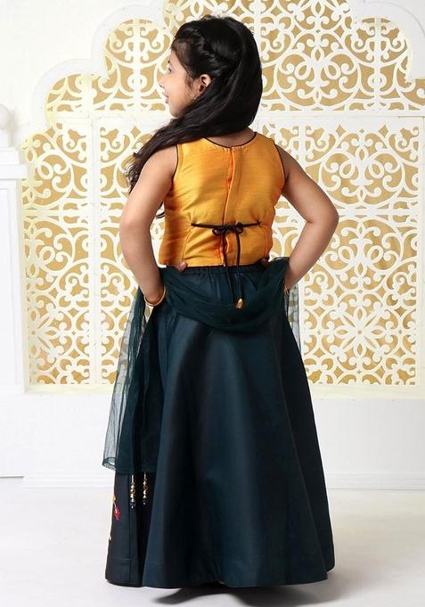 Navy Blue Embroidered Dupion Silk Lehenga Choli For Girls