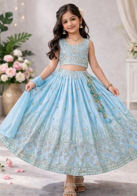 Sky Blue Embroidery Silk Lehenga Set For Girls