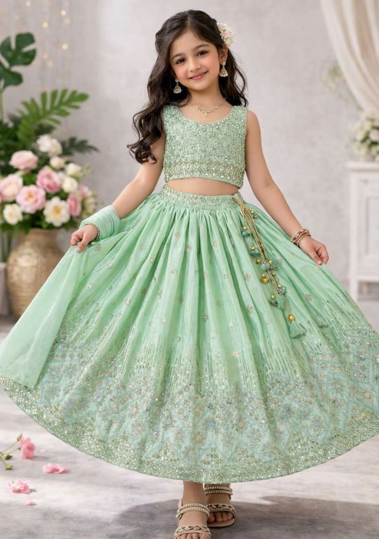 Pistachio Green Embroidery Silk Lehenga Set For Girls - Indya
