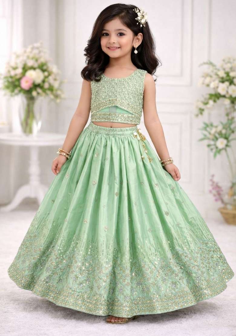 Pistachio Green Embroidery Silk Lehenga Set For Girls - Indya