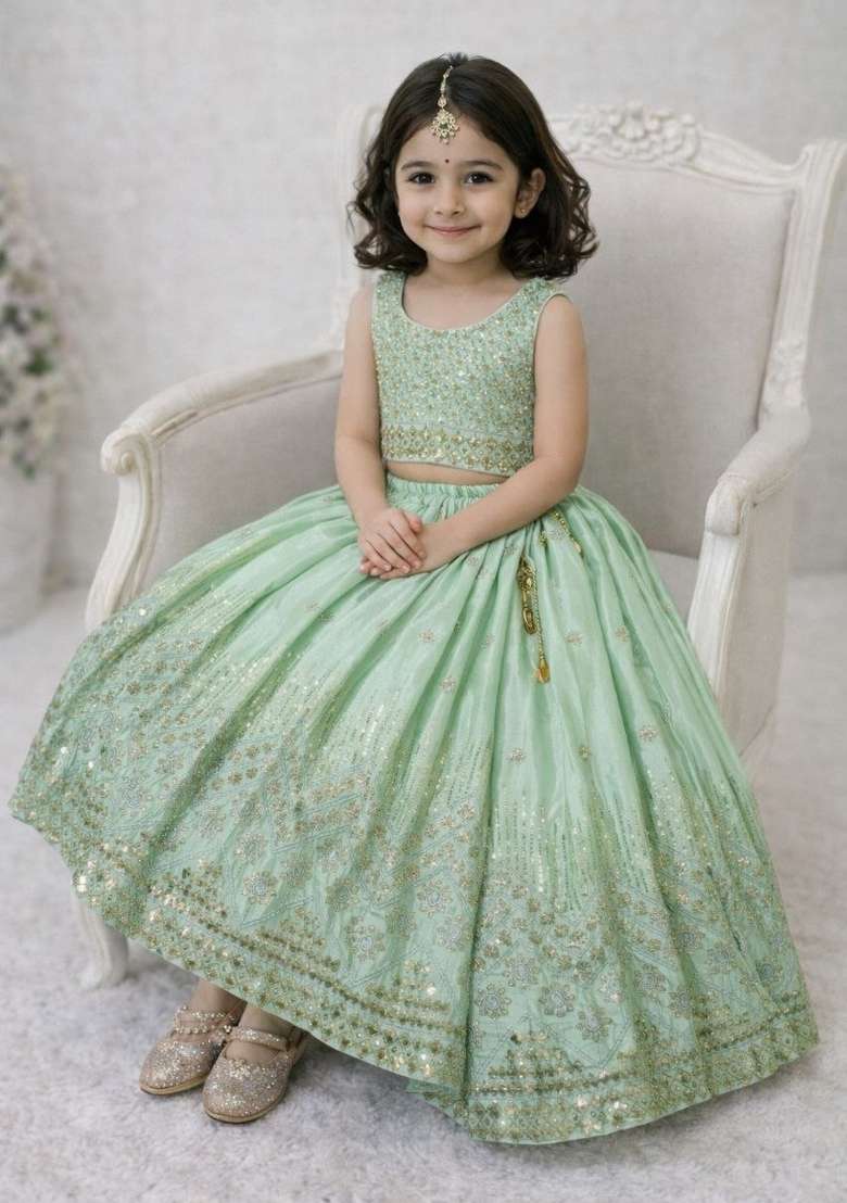 Pistachio Green Embroidery Silk Lehenga Set For Girls - Indya